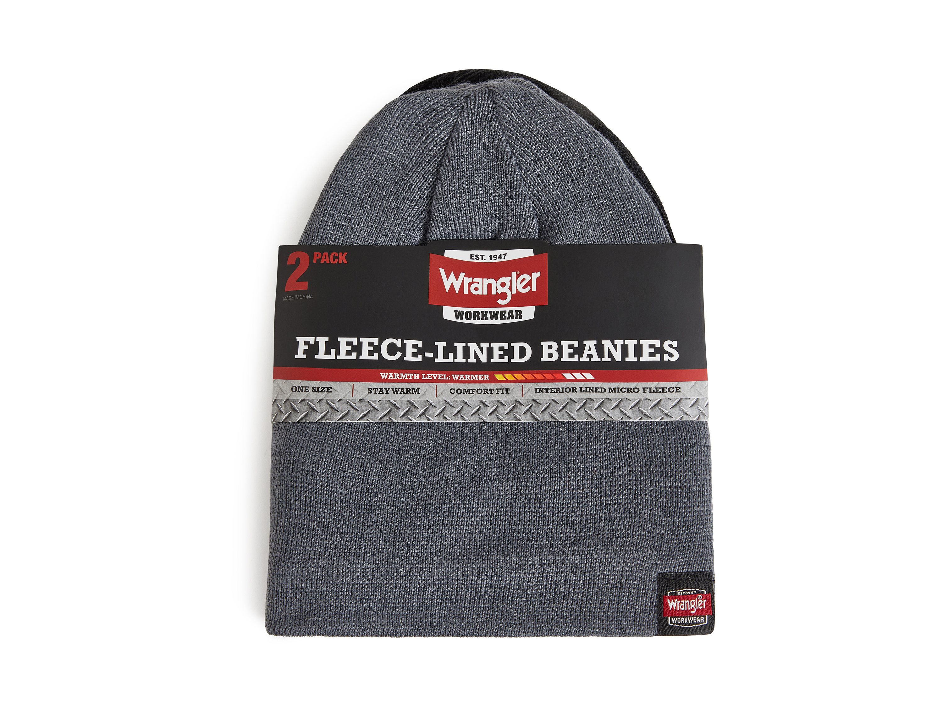 Wrangler Workwear Men's Fleece Lined Beanie Comfort Stretch Winter Hat, Charcoal/Black, 2-Pack
